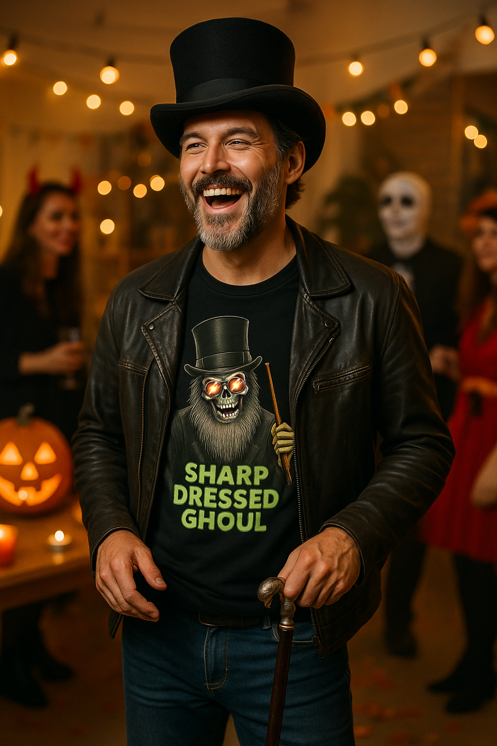 Model wearing Sharp Dressed Ghoul premium cotton Halloween drummer shirt