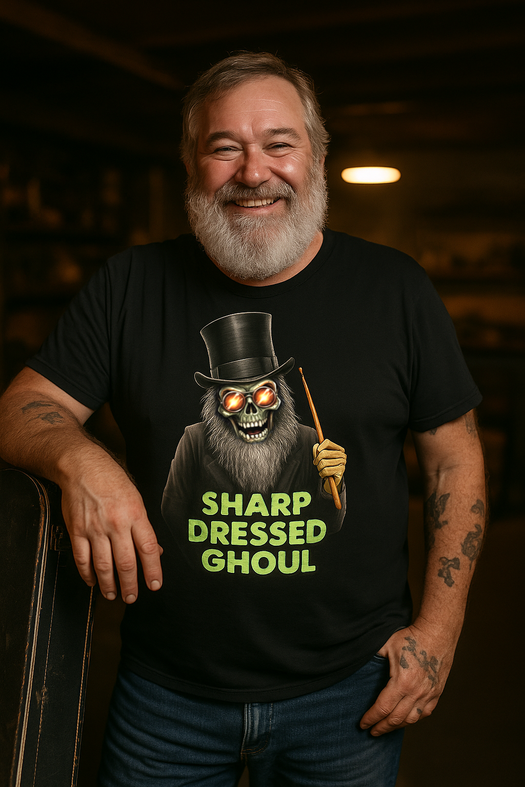 Model wearing Sharp Dressed Ghoul premium cotton Halloween drummer shirt