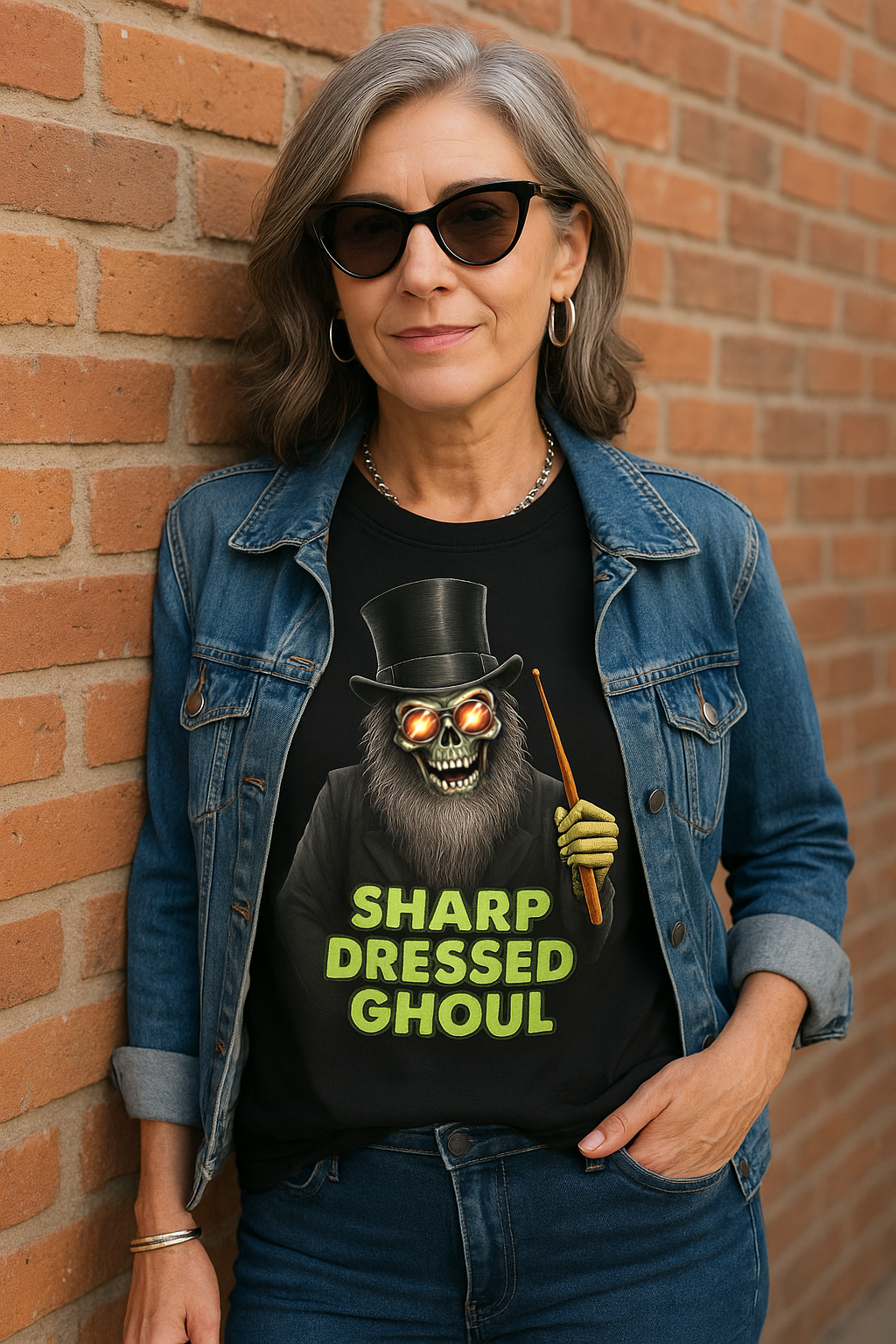Model wearing Sharp Dressed Ghoul premium cotton Halloween drummer shirt