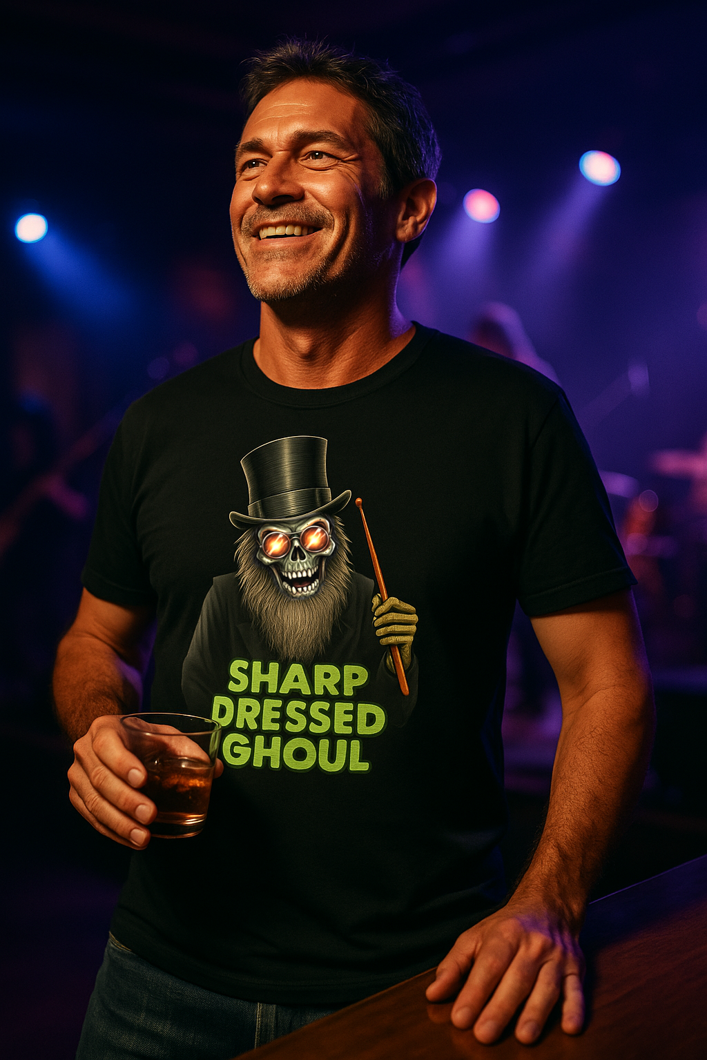Sharp Dressed Ghoul undead drummer with vintage top hat detailed print on US-grown cotton