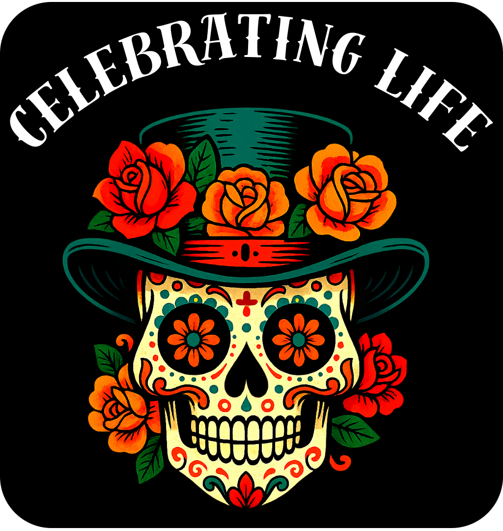 vibrant Candy Skull on black background design with "celebrating life" caption