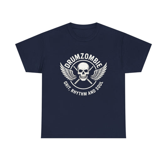 DrumZombie Grit, Rhythm and Soul Tee | Winged Skull Graphic Shirt for Musicians, Drummers, and Rock Fans