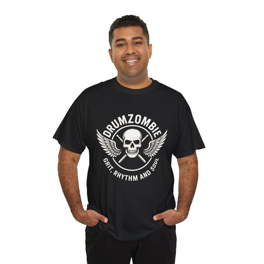 DrumZombie Grit, Rhythm and Soul Tee | Winged Skull Graphic Shirt for Musicians, Drummers, and Rock Fans