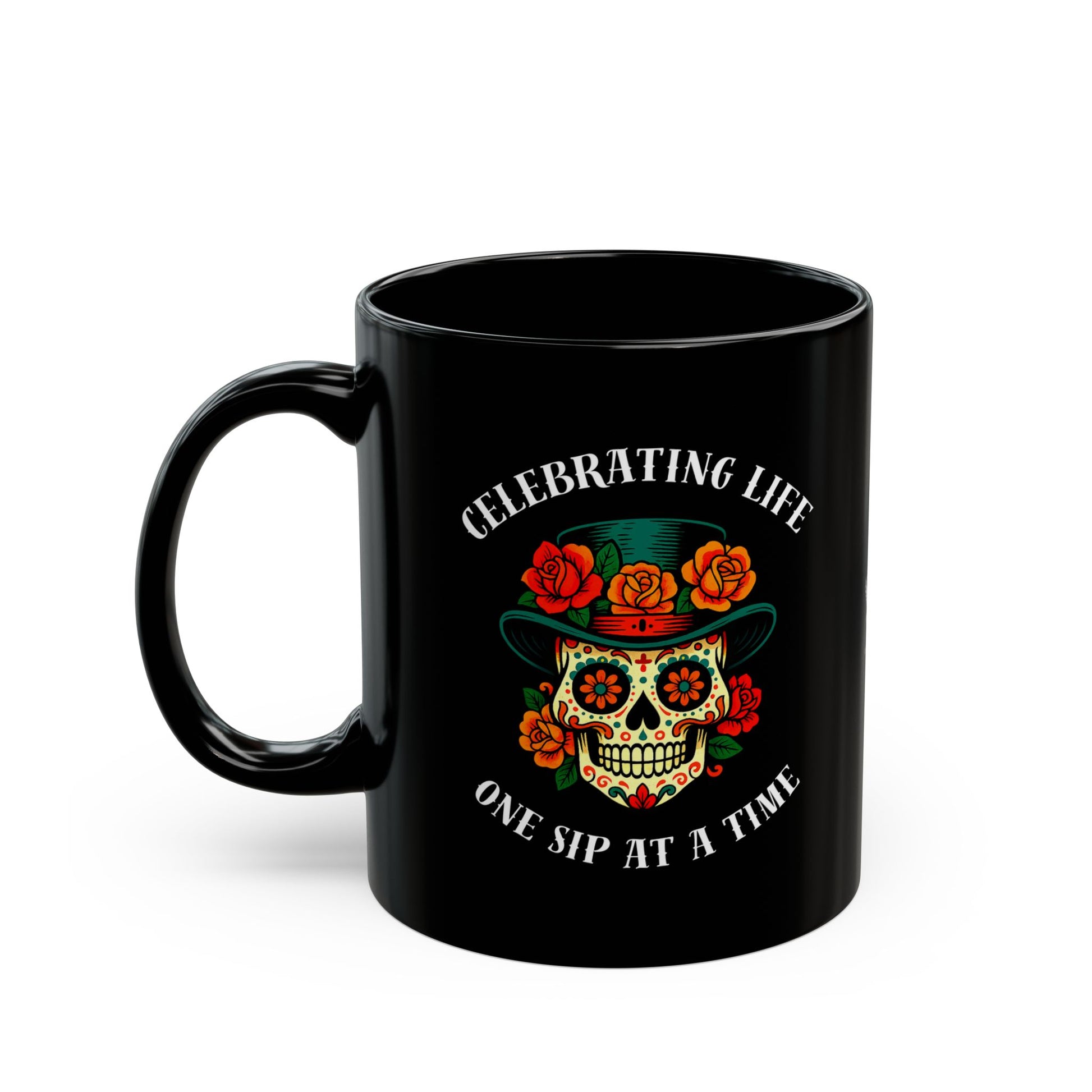 Elegant black ceramic mug featuring colorful Day of the Dead sugar skull with top hat and roses in sophisticated cultural design