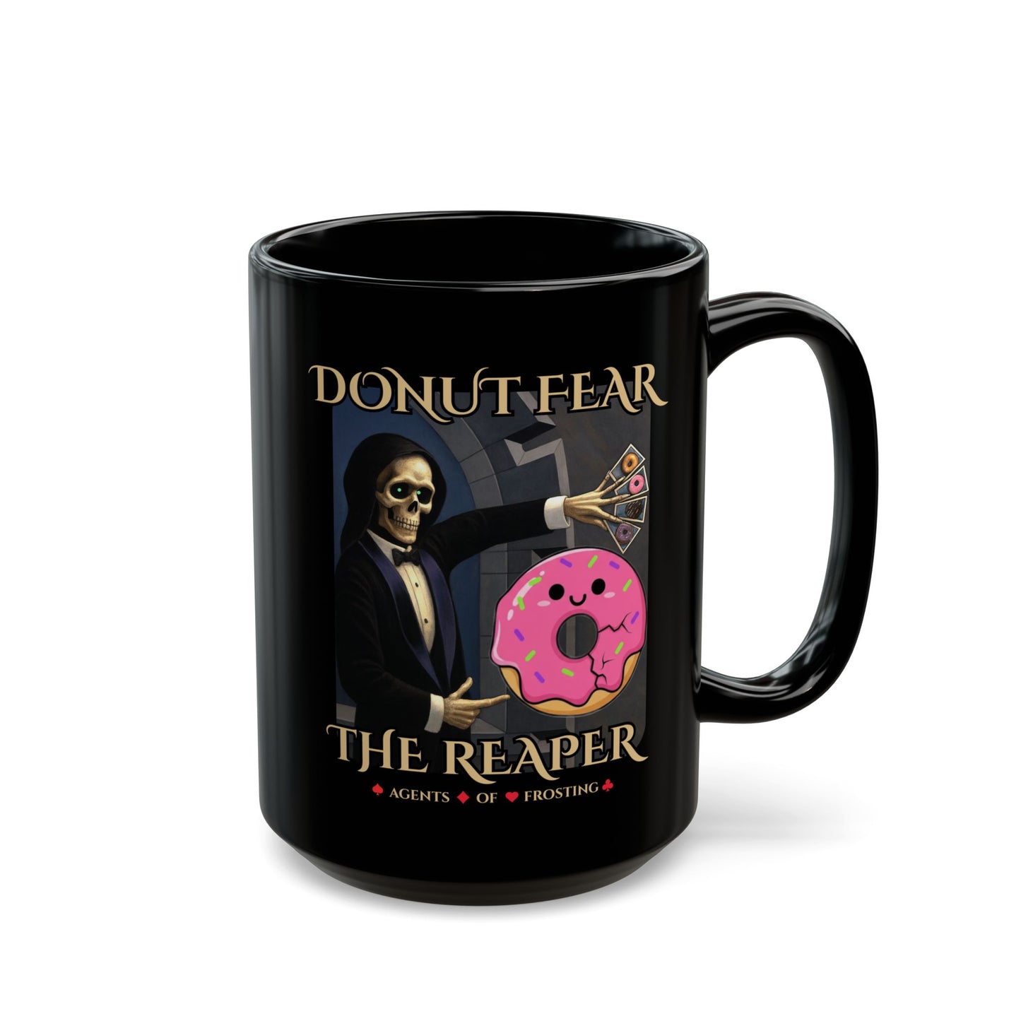 Donut Fear The Reaper Mug | Funny Grim Reaper Coffee Cup | Black Ceramic Mug for Dark Humor