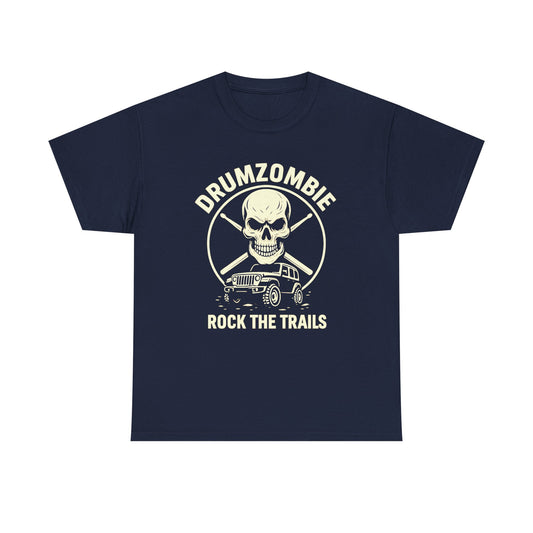 DrumZombie Rock the Trails T-Shirt | Skull & Jeep Graphic Tee for Off-Roaders, Drummers, Music Fans