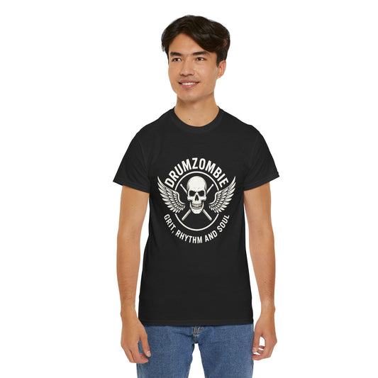 DrumZombie Grit, Rhythm and Soul Tee | Winged Skull Graphic Shirt for Musicians, Drummers, and Rock Fans