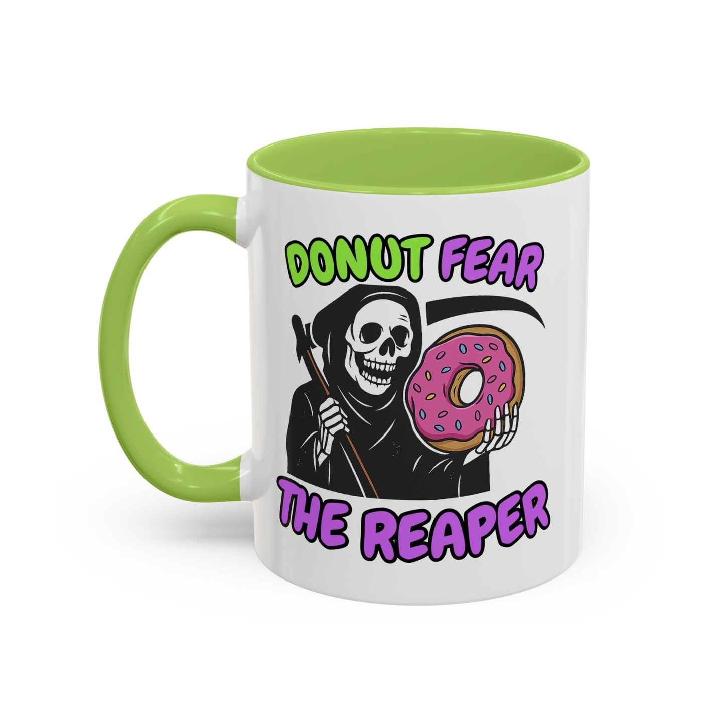Donut Fear The Reaper Accent Mug | Funny Grim Reaper Coffee Cup | Neon & Black Ceramic Mug | 11oz & 15oz