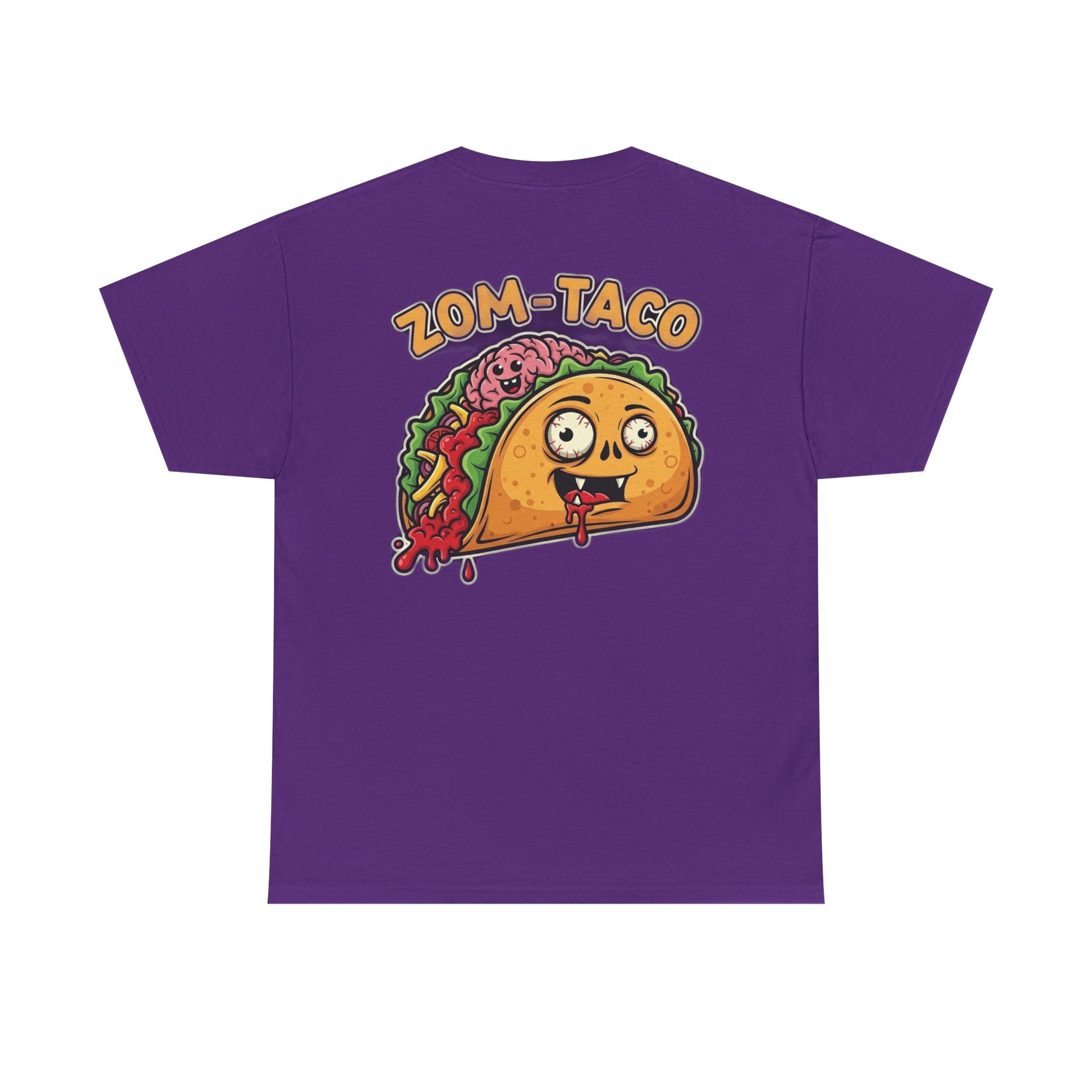 Purple t-shirt with a cartoon taco and 'Zom Taco' text on a white background