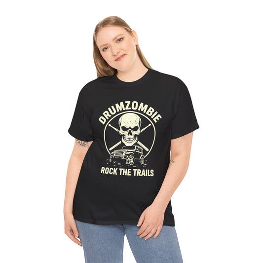 DrumZombie Rock the Trails T-Shirt | Skull & Jeep Graphic Tee for Off-Roaders, Drummers, Music Fans