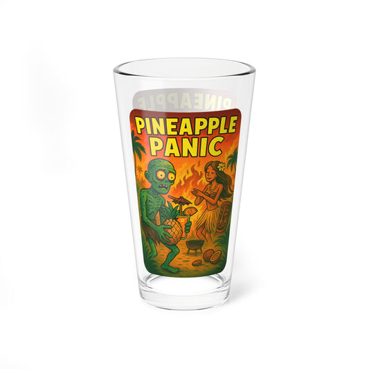 Pineapple Panic Mixing Glass – 16oz Tropical Cocktail Shaker with Dual-Sided Zombie Art | DrumZombie Island Drinkware