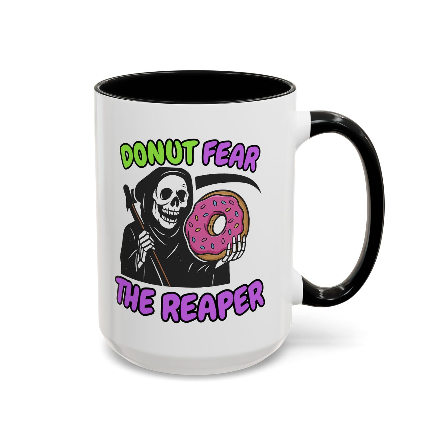 Donut Fear The Reaper Accent Mug | Funny Grim Reaper Coffee Cup | Neon & Black Ceramic Mug | 11oz & 15oz