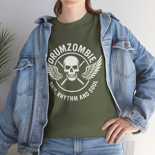 DrumZombie Grit, Rhythm and Soul Tee | Winged Skull Graphic Shirt for Musicians, Drummers, and Rock Fans