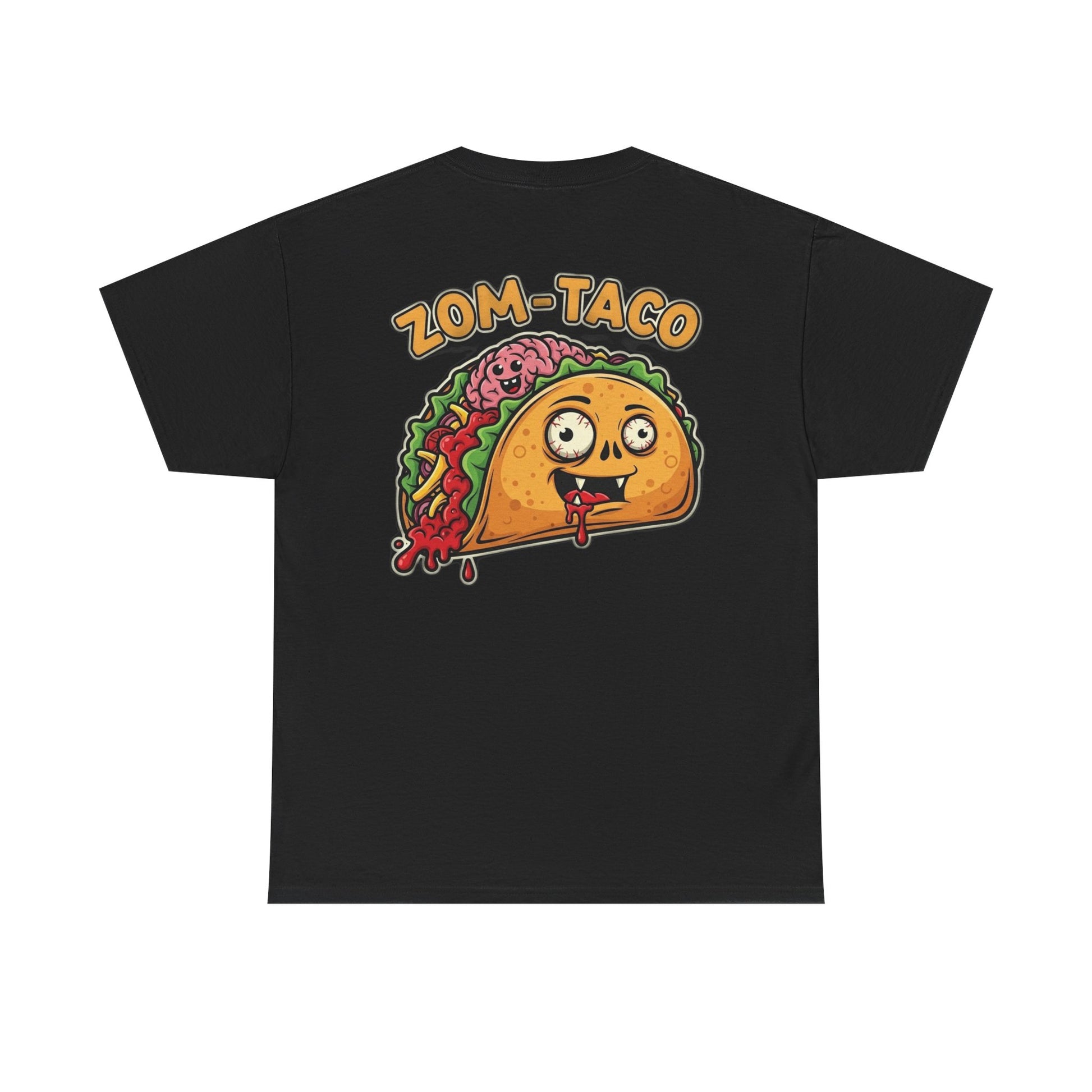 Black t-shirt with a cartoon taco graphic and 'Zom Taco' text on a white background