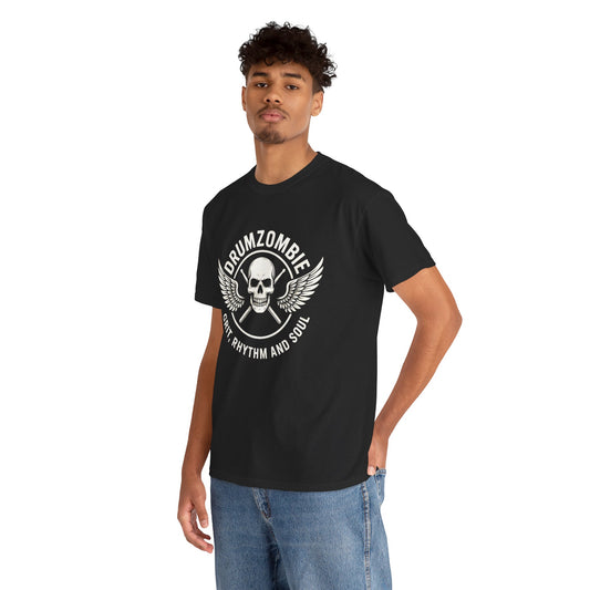 DrumZombie Grit, Rhythm and Soul Tee | Winged Skull Graphic Shirt for Musicians, Drummers, and Rock Fans