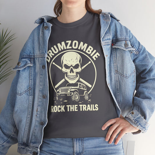 DrumZombie Rock the Trails T-Shirt | Skull & Jeep Graphic Tee for Off-Roaders, Drummers, Music Fans