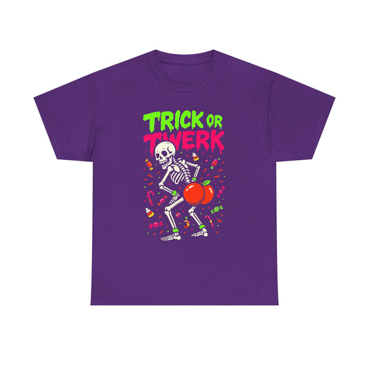 Purple t-shirt with a skeleton and apple design and 'Trick or Twerk' text on a white background
