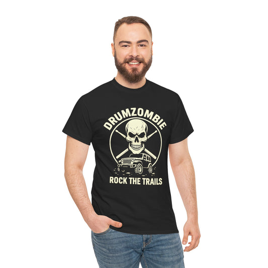 DrumZombie Rock the Trails T-Shirt | Skull & Jeep Graphic Tee for Off-Roaders, Drummers, Music Fans