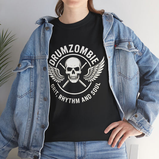 DrumZombie Grit, Rhythm and Soul Tee | Winged Skull Graphic Shirt for Musicians, Drummers, and Rock Fans
