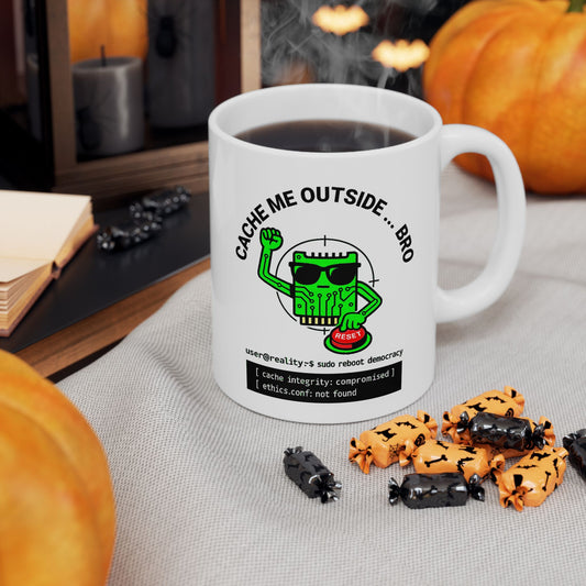 "Cache Me Outside, Bro" Funny Political Tech Mug – Geek Gift for Coders, IT Pros, Ethical Hackers & Coffee Lovers