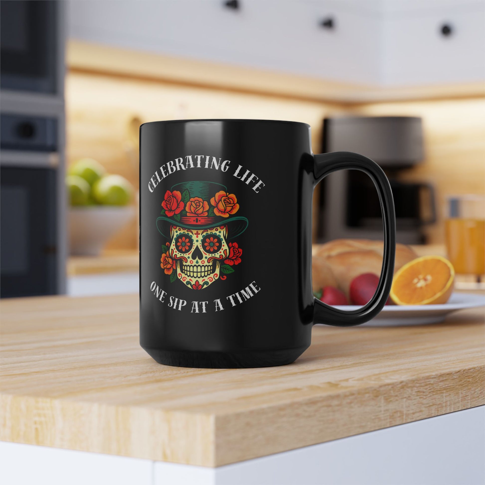 Elegant black ceramic mug featuring colorful Day of the Dead sugar skull with top hat and roses in sophisticated cultural design