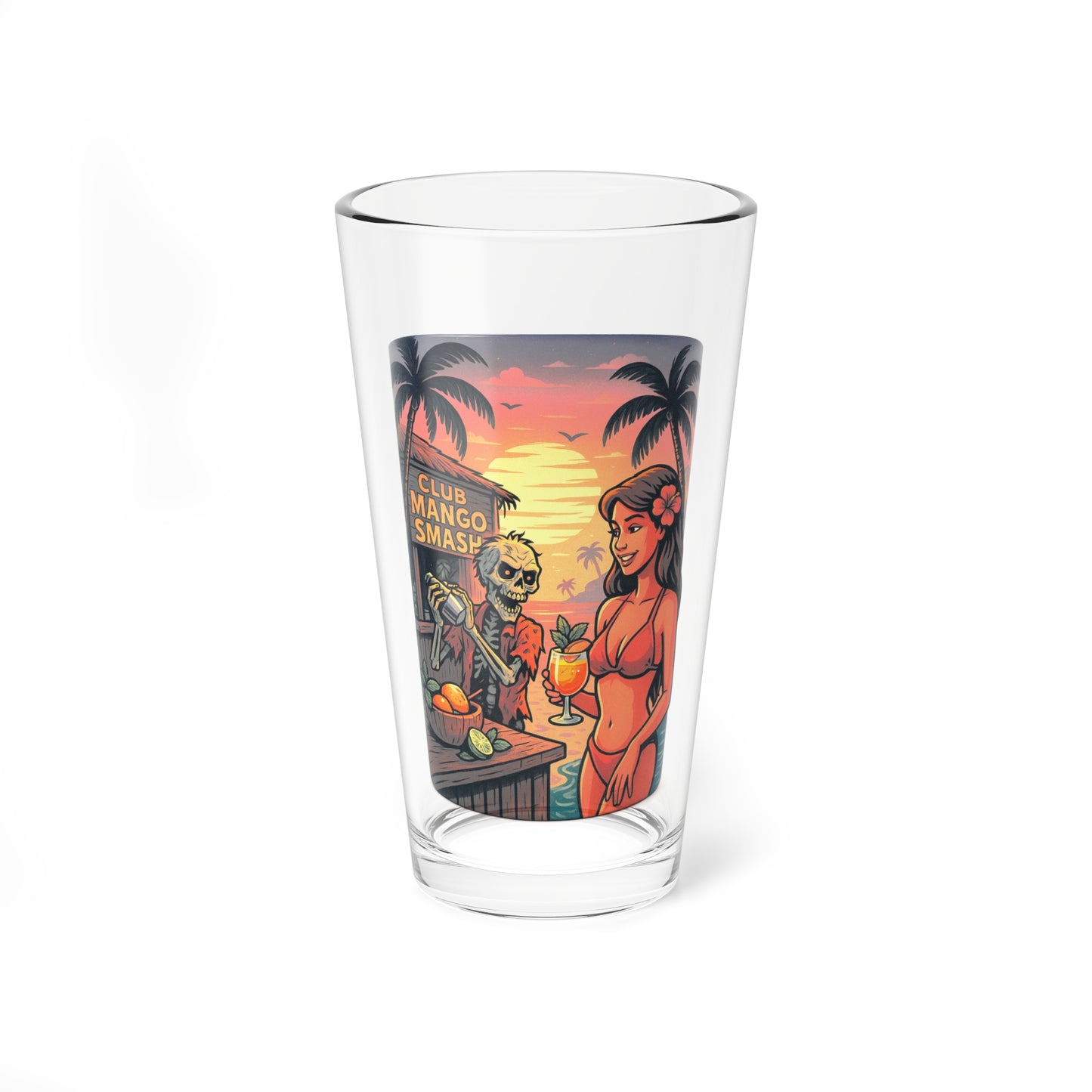 DrumZombie Mango Smash Mixing Glass – 16oz Tiki Bar Cocktail Shaker Glass with Tropical Undead Art