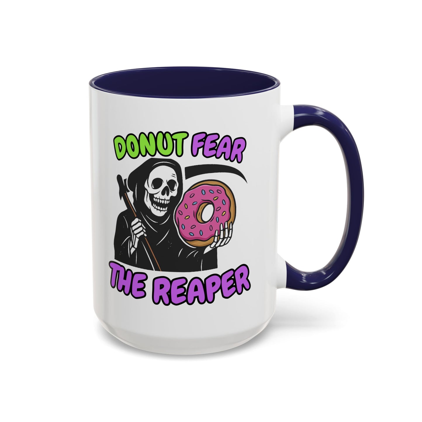 Donut Fear The Reaper Accent Mug | Funny Grim Reaper Coffee Cup | Neon & Black Ceramic Mug | 11oz & 15oz