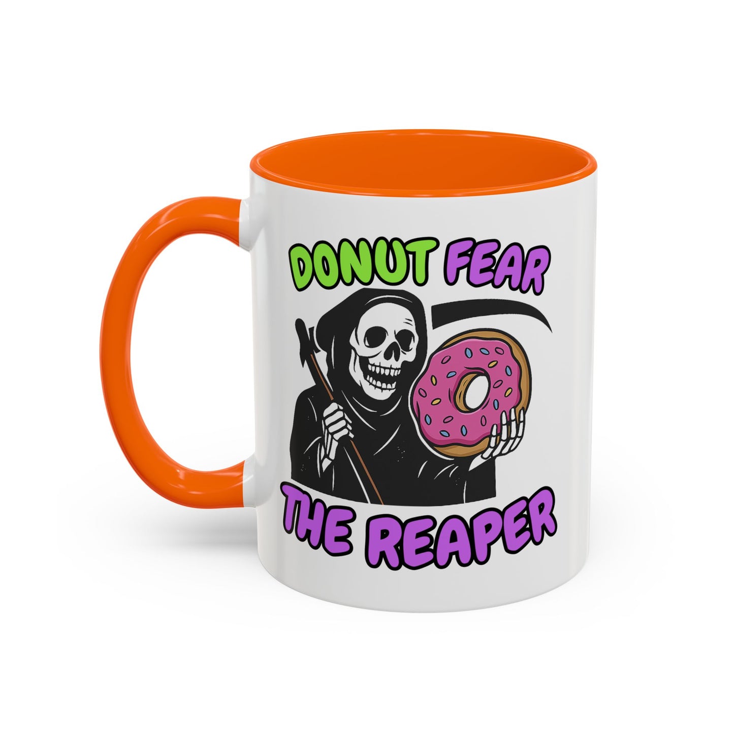 Donut Fear The Reaper Accent Mug | Funny Grim Reaper Coffee Cup | Neon & Black Ceramic Mug | 11oz & 15oz