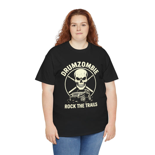 DrumZombie Rock the Trails T-Shirt | Skull & Jeep Graphic Tee for Off-Roaders, Drummers, Music Fans