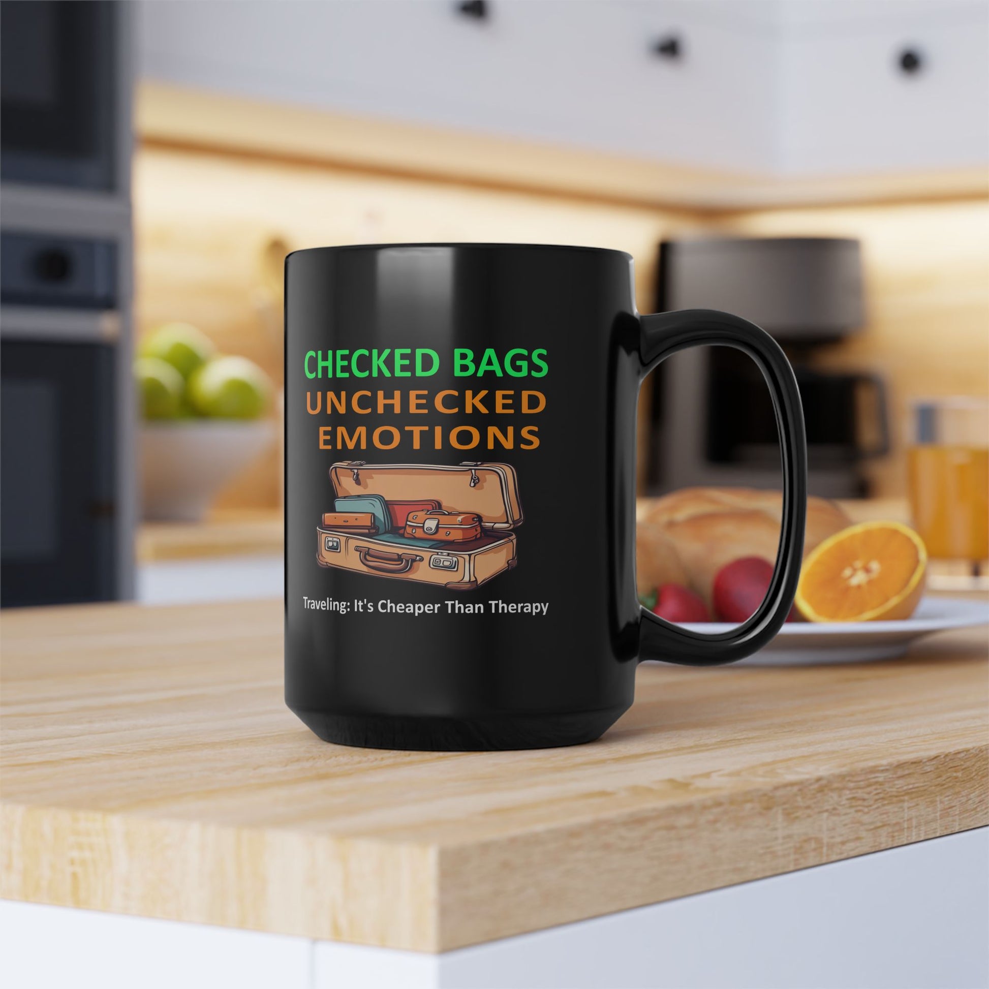 Ceramic travel therapy mug with bold “Checked Bags, Unchecked Emotions” text and vintage suitcase art
