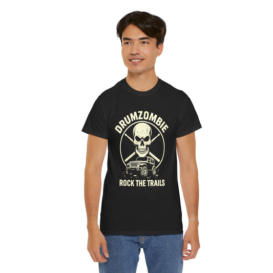 DrumZombie Rock the Trails T-Shirt | Skull & Jeep Graphic Tee for Off-Roaders, Drummers, Music Fans