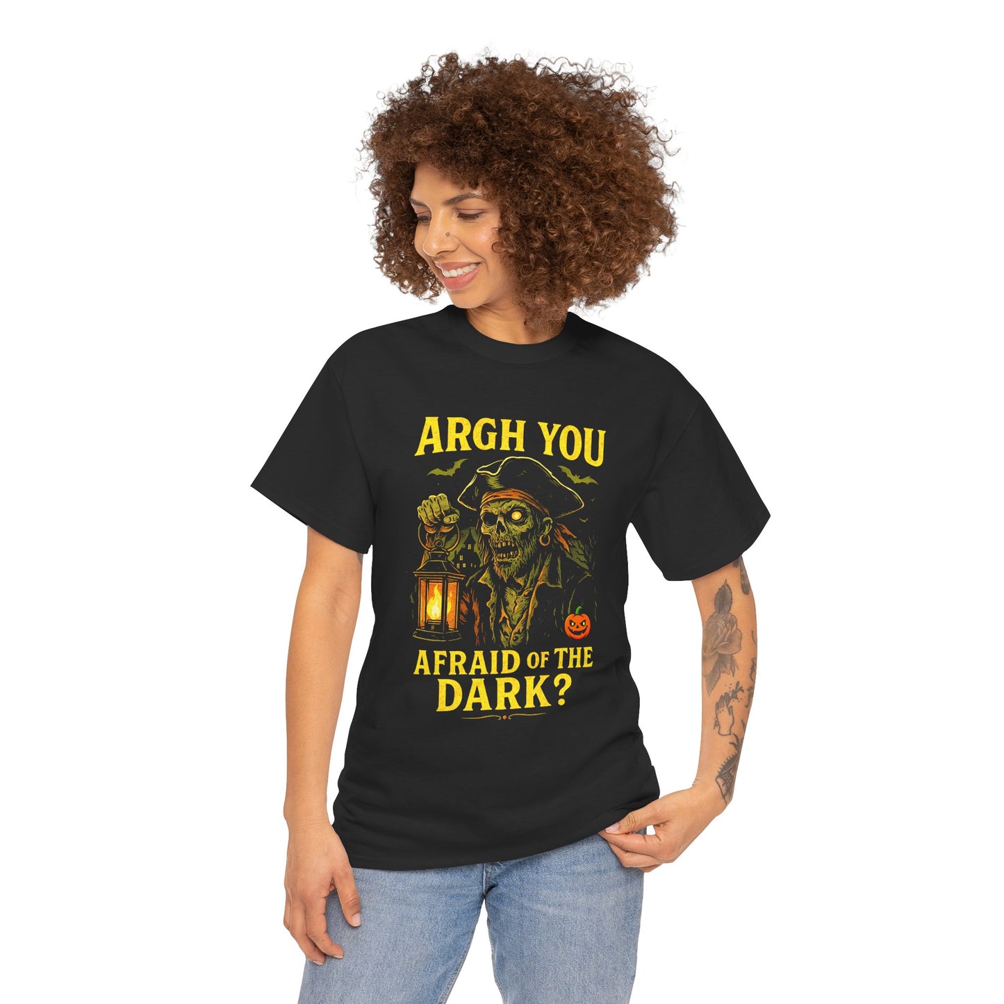 "Argh You Afraid of the Dark?" Zombie Pirate Halloween T-Shirt | Captain Brinehook's Cursed Lantern Tee