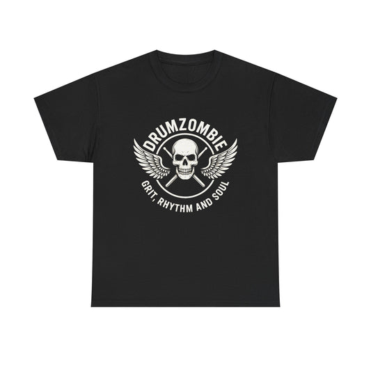 DrumZombie Grit, Rhythm and Soul Tee | Winged Skull Graphic Shirt for Musicians, Drummers, and Rock Fans