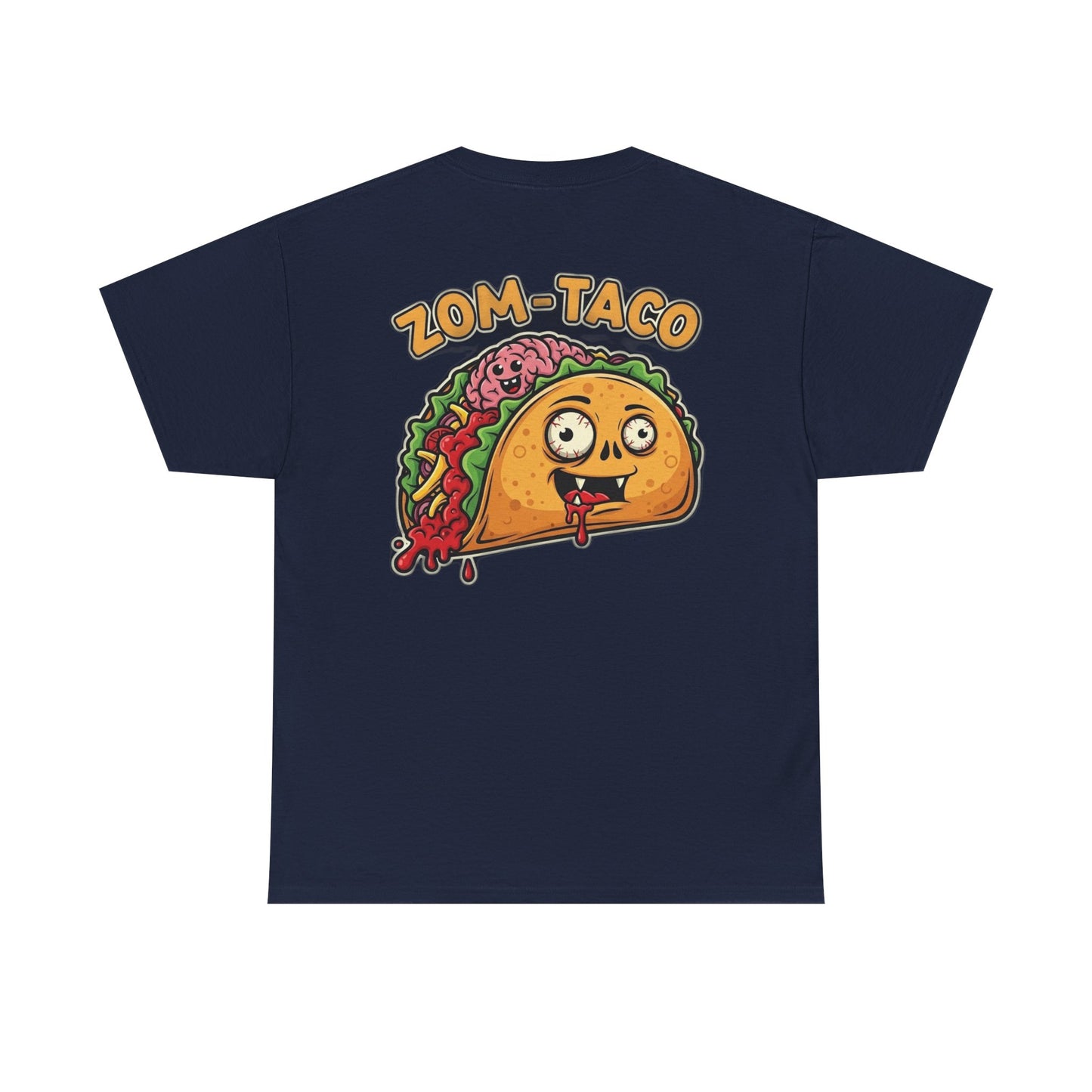 Navy blue t-shirt with a cartoon taco graphic and 'Zom Taco' text on a white background