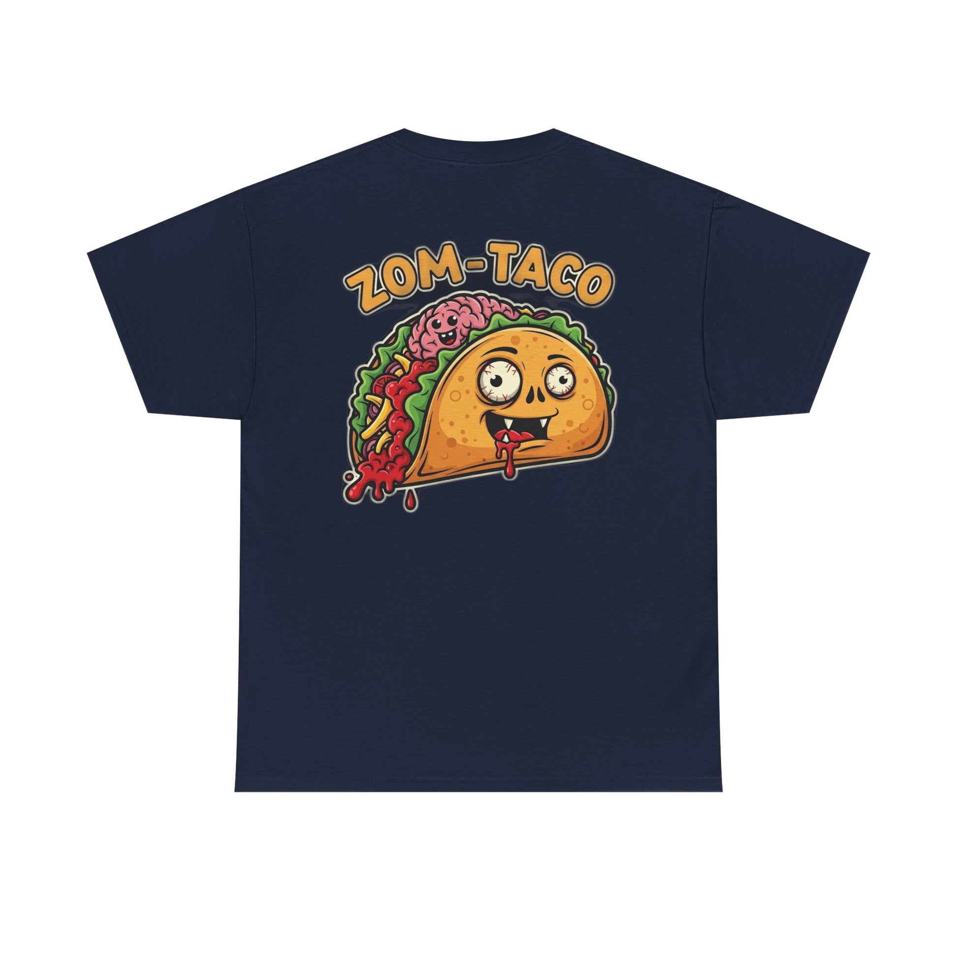 Navy blue t-shirt with a cartoon taco graphic and 'Zom Taco' text on a white background