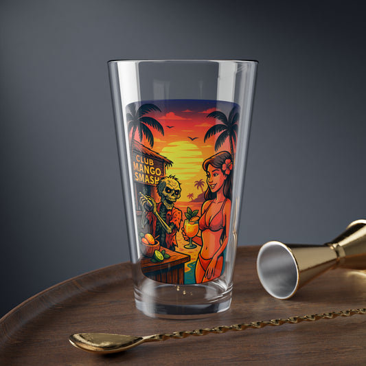 DrumZombie Mango Smash Mixing Glass – 16oz Tiki Bar Cocktail Shaker Glass with Tropical Undead Art