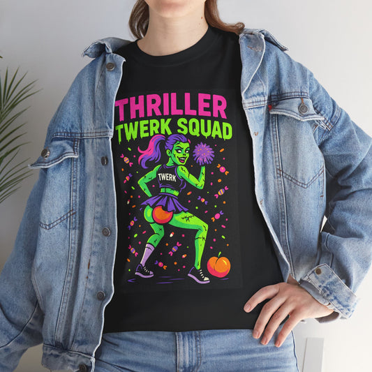 Thriller Twerk Squad Halloween shirt featuring Zara Splitskull supernatural cheerleader design on premium black cotton tee