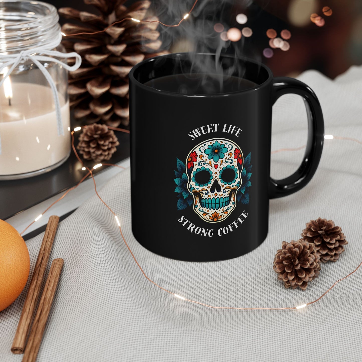 Sweet Life, Strong Coffee - Day of the Dead Turquoise Sugar Skull Mug | 11oz & 15oz