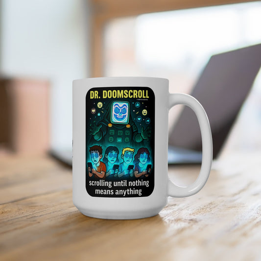 Dr. DoomScroll White Mug – Dark Weird Anti-Scrolling Coffee Cup