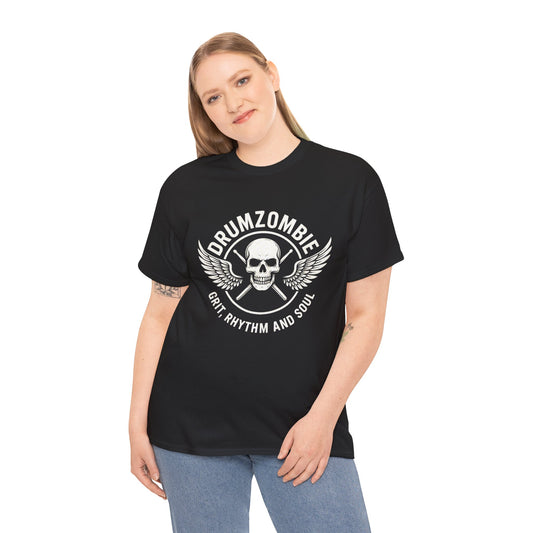 DrumZombie Grit, Rhythm and Soul Tee | Winged Skull Graphic Shirt for Musicians, Drummers, and Rock Fans