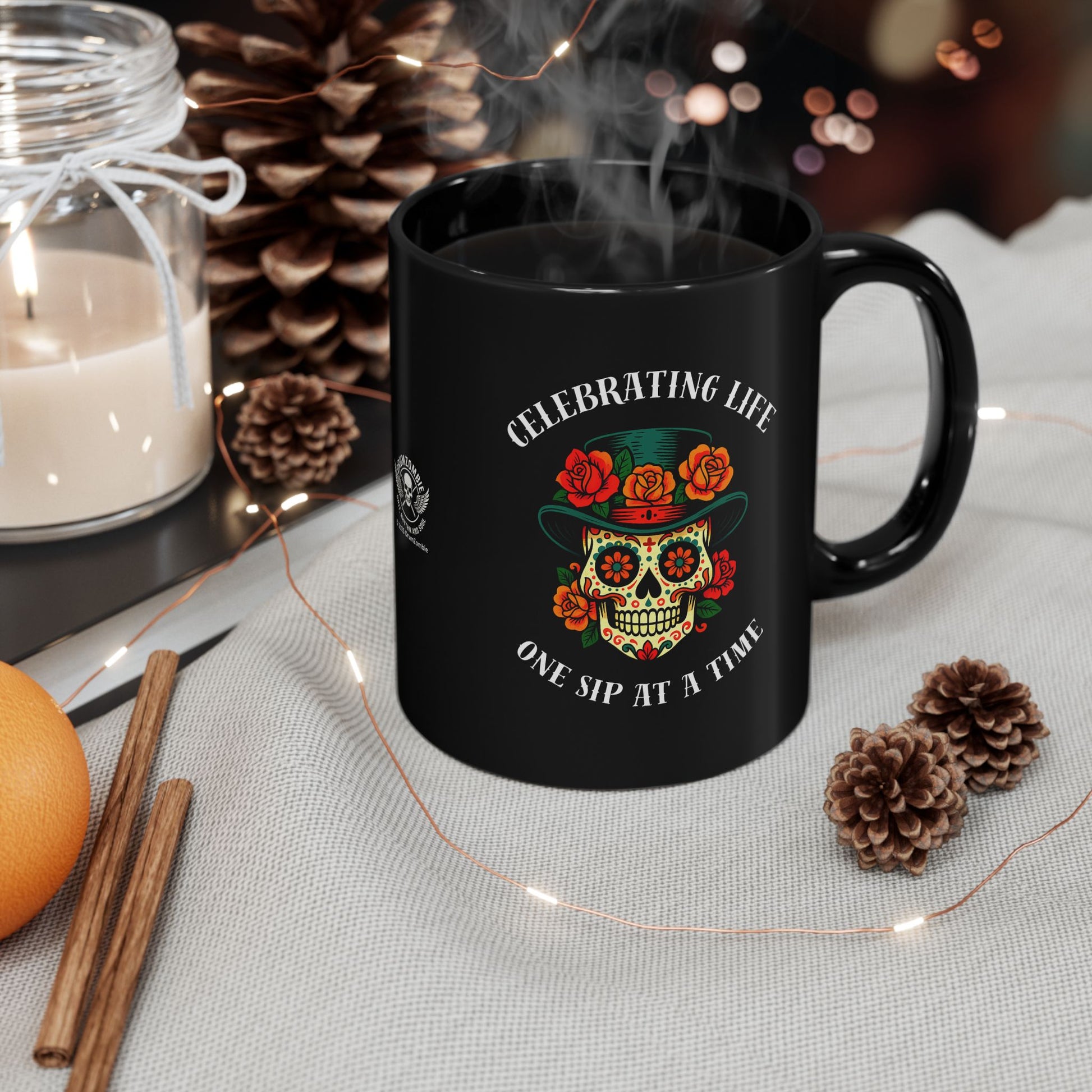 Elegant black ceramic mug featuring colorful Day of the Dead sugar skull with top hat and roses in sophisticated cultural design