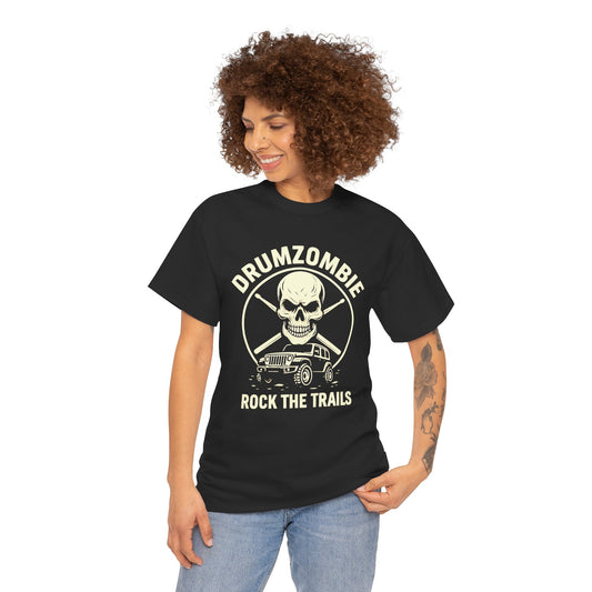 DrumZombie Rock the Trails T-Shirt | Skull & Jeep Graphic Tee for Off-Roaders, Drummers, Music Fans