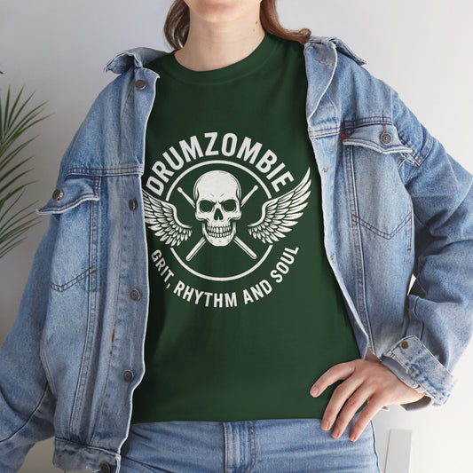 DrumZombie Grit, Rhythm and Soul Tee | Winged Skull Graphic Shirt for Musicians, Drummers, and Rock Fans