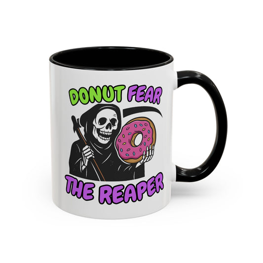 Donut Fear The Reaper Accent Mug | Funny Grim Reaper Coffee Cup | Neon & Black Ceramic Mug | 11oz & 15oz