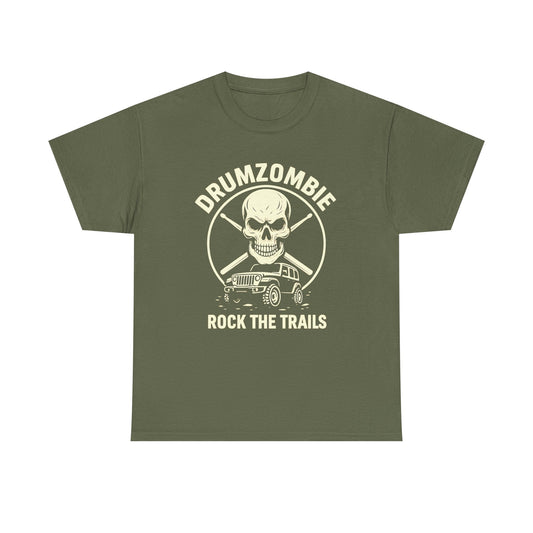 DrumZombie Rock the Trails T-Shirt | Skull & Jeep Graphic Tee for Off-Roaders, Drummers, Music Fans