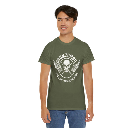 DrumZombie Grit, Rhythm and Soul Tee | Winged Skull Graphic Shirt for Musicians, Drummers, and Rock Fans