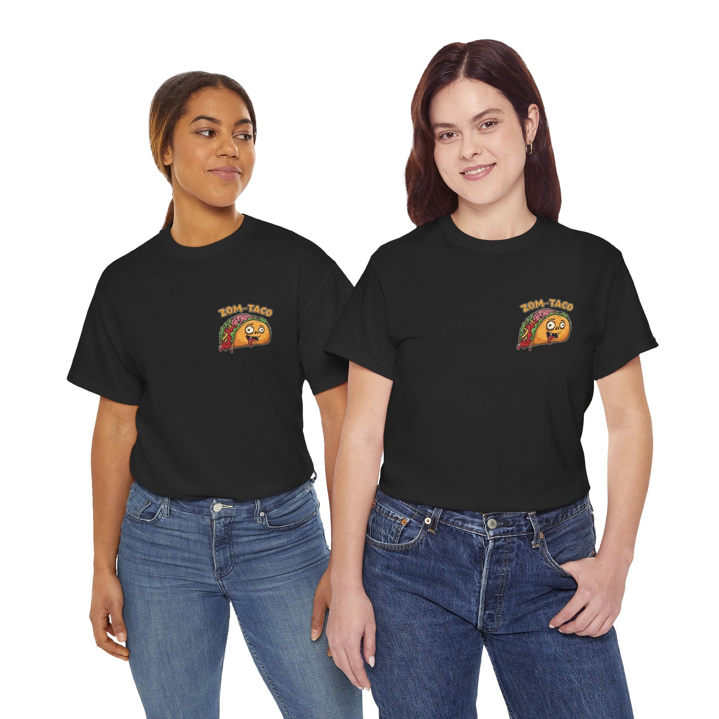 Two people wearing black t-shirts with a taco graphic and 'Boca Taco' text on a white background.