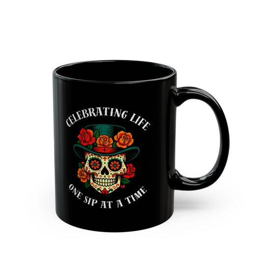 Elegant black ceramic mug featuring colorful Day of the Dead sugar skull with top hat and roses in sophisticated cultural design