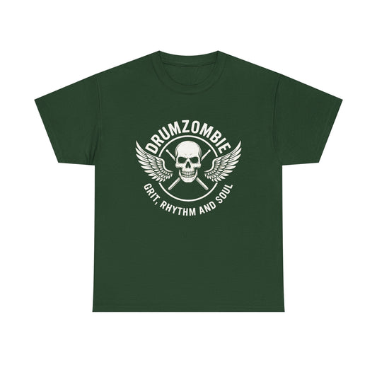 DrumZombie Grit, Rhythm and Soul Tee | Winged Skull Graphic Shirt for Musicians, Drummers, and Rock Fans