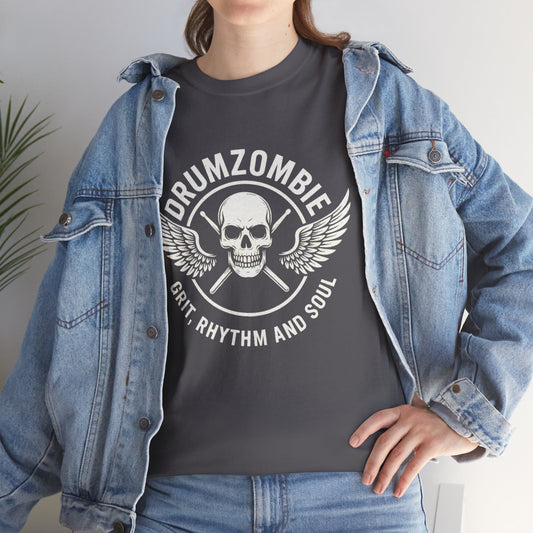 DrumZombie Grit, Rhythm and Soul Tee | Winged Skull Graphic Shirt for Musicians, Drummers, and Rock Fans